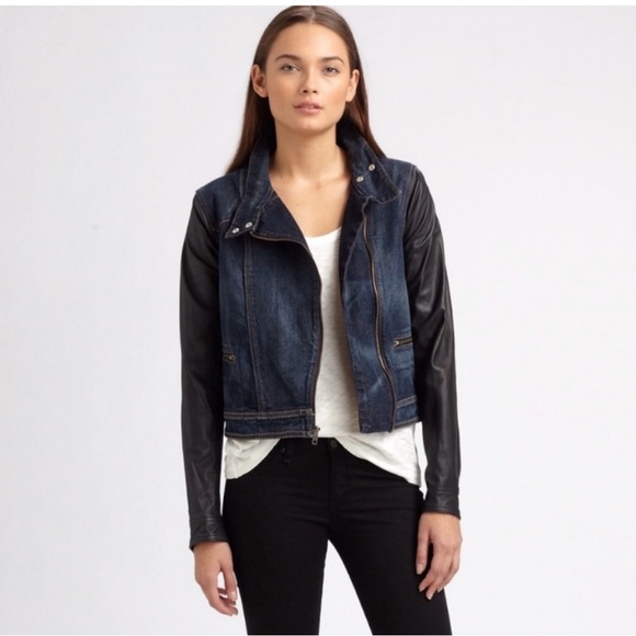 Rag & Bone Zip Front Leather Sleeve Moto Dark Denim Jean Jacket - Picture 9 of 10